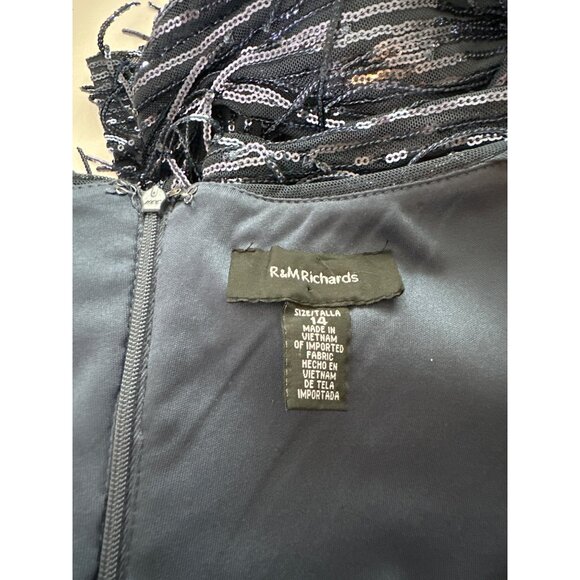 R&M Richards Blue Sequin Maxi Dress NEW V Neck Fringe Open Back Stretchy Size 14 - Picture 9 of 9